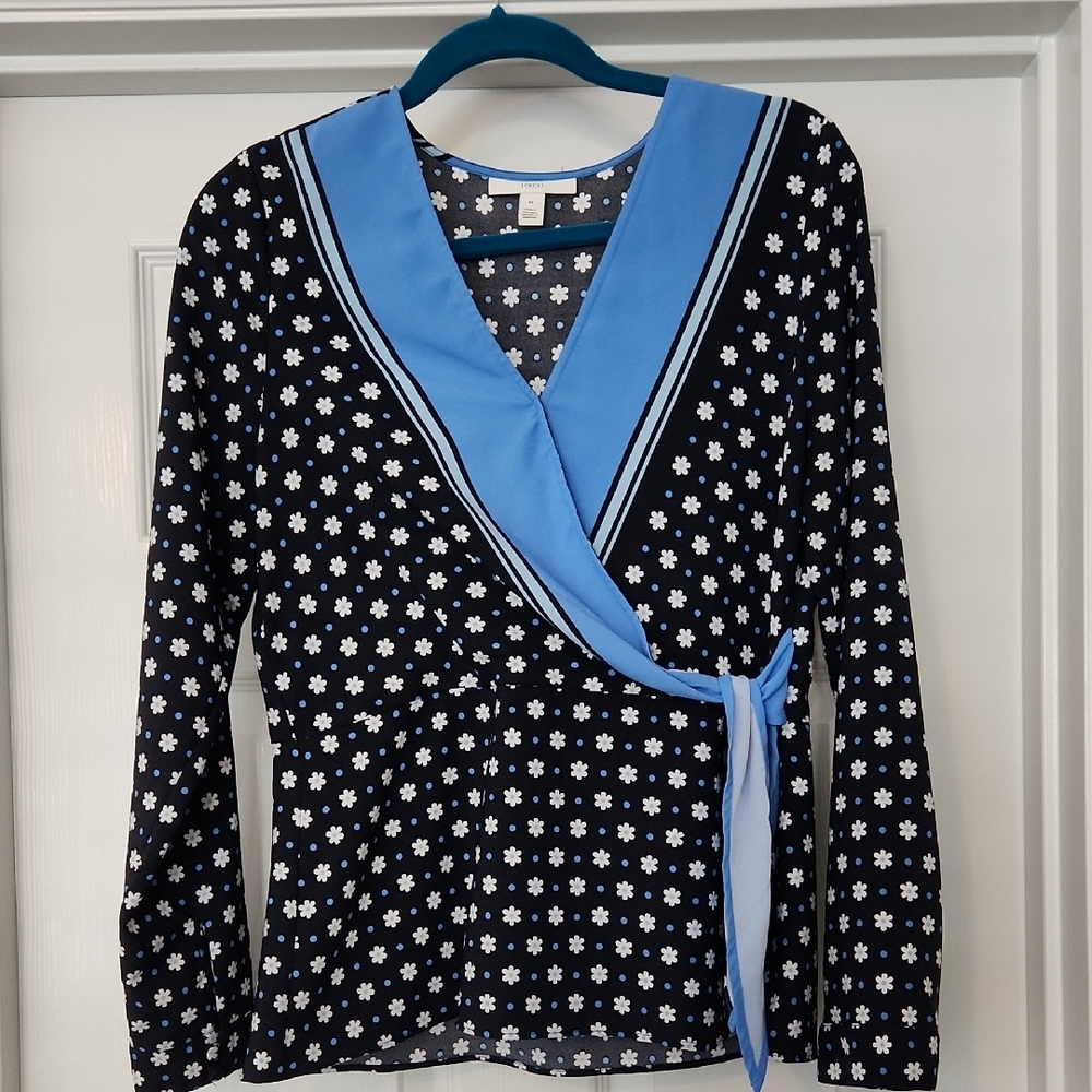 Floral Faux Wrap Blouse with Blue Accents